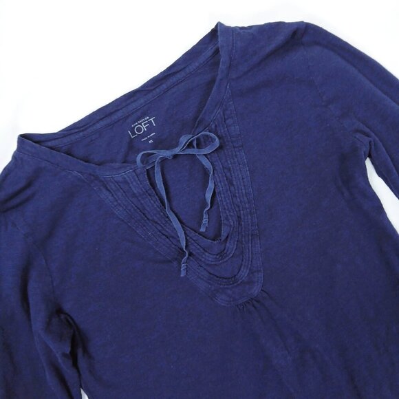 Ann Taylor Loft Blue Pleated Button Sleeve Shirt XS V-Neck Lace-Up Tie - Picture 2 of 5